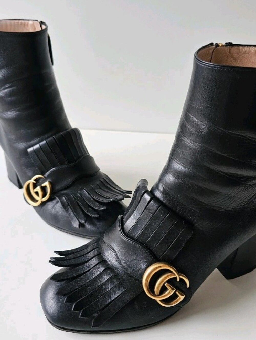 Gucci Marmont Gold GG Logo Black Leather Fringe Ankle Boots EU 38, US 7.5 - Picture 3 of 14